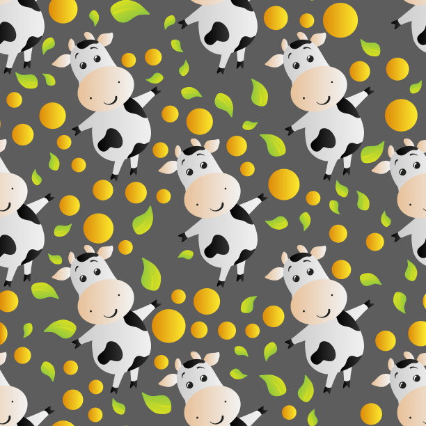 无缝图案与卡通可爱的玩具牛，圆圈和树叶，在一个深灰色的背景图片下载