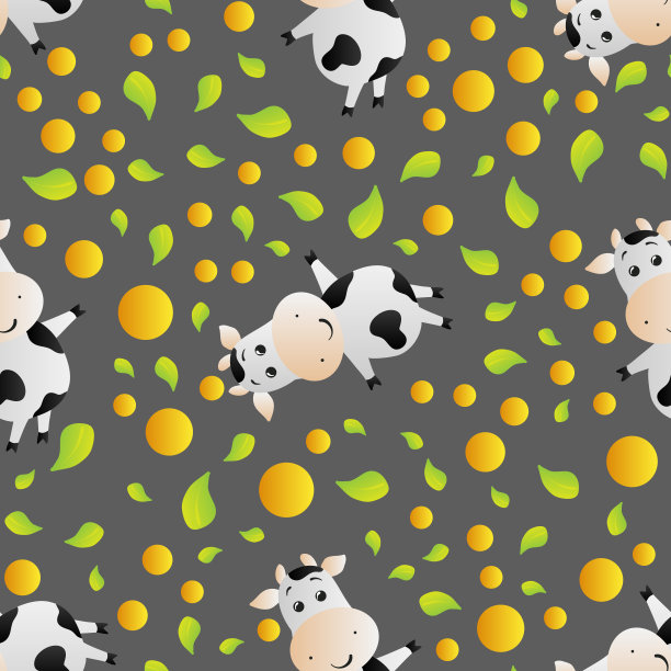 无缝图案与卡通可爱的玩具牛，圆圈和树叶，在一个深灰色的背景图片下载
