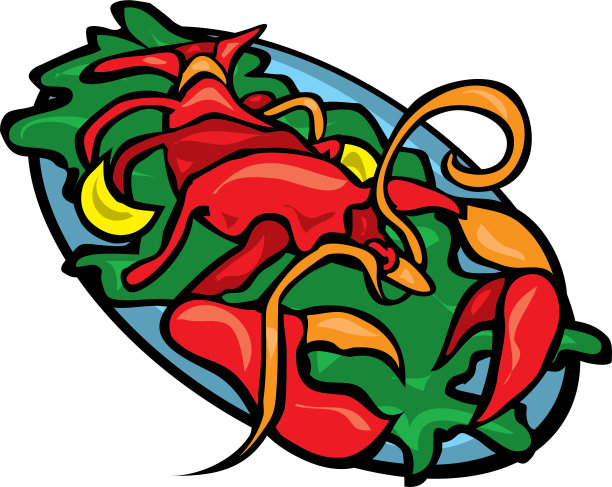 一盘青菜上的红龙虾图片下载