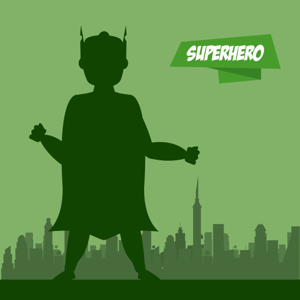 城市剪影上的卡通超级英雄图片下载