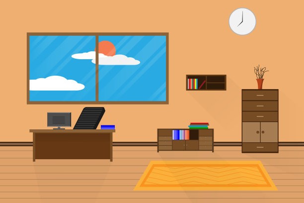 室内的办公室设计放松与电脑在桌子、椅子、书柜和窗户。矢量图图片下载