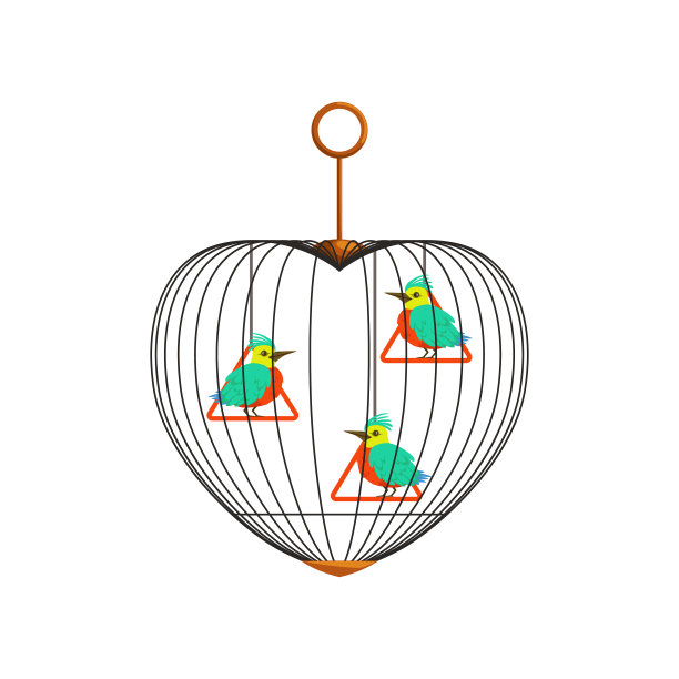 五颜六色的小鸟长着长喙，在笼子里三角摆动。笼在心的形式。概念宠物店，商业传单，明信片。卡通平面矢量人物图片下载