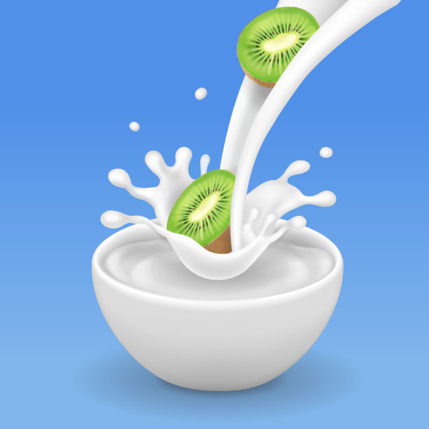 酸奶中的猕猴桃在一个白色的碗里流动。牛奶飞溅和奇异果矢量插图图片下载
