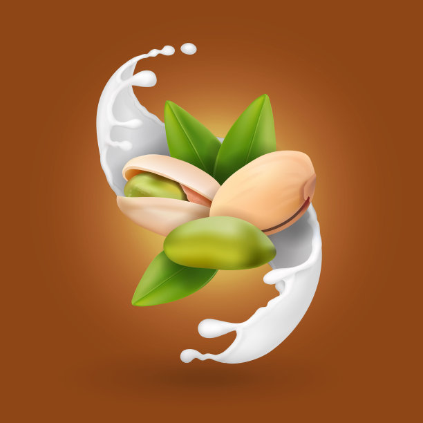 牛奶里的开心果。冰淇淋或酸奶流逼真的3d插图图片下载