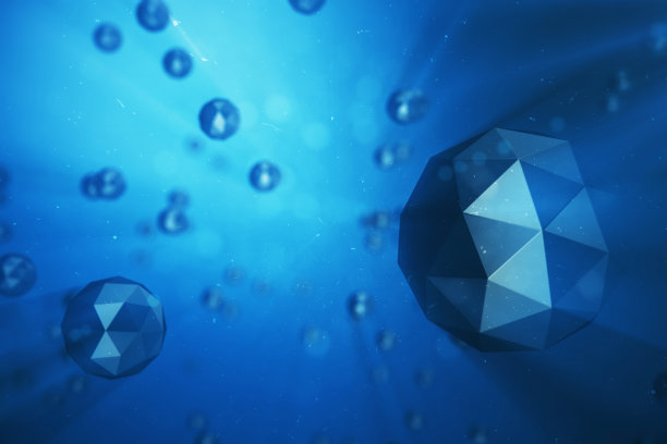 三维插图抽象背景混沌低多晶硅球。尘埃空间中的粒子。蓝色未来主义背景，景深效果，散景和体光。图片下载