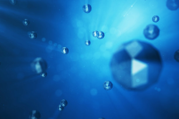 三维插图抽象背景混沌低多晶硅球。尘埃空间中的粒子。蓝色未来主义背景，景深效果，散景和体光。图片下载