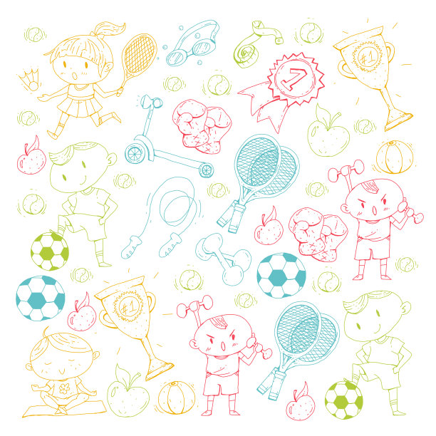 孩子的运动。孩子们画的。幼儿园，学校，大学，幼儿园。足球，足球，网球，跑步，拳击，橄榄球，瑜伽，游泳图片下载