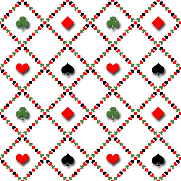 股票插图-无缝扑克牌符号图案，黑色，红色和绿色，3D插图，孤立的白色背景。图片下载