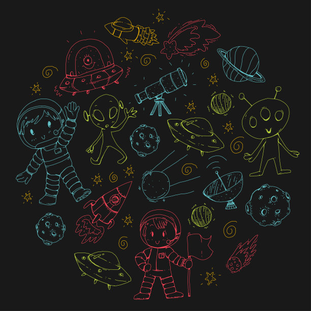 月球表面。幼儿园的孩子们玩太空探索。外星人,ufo,飞船。火箭发射的。孩子，男孩和女孩与月球，火星，土星，木星图片下载