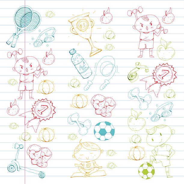 孩子的运动。孩子们画的。幼儿园，学校，大学，幼儿园。足球，足球，网球，跑步，拳击，橄榄球，瑜伽，游泳图片下载