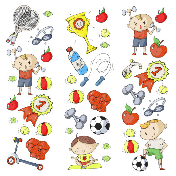 孩子的运动。孩子们画的。幼儿园，学校，大学，幼儿园。足球，足球，网球，跑步，拳击，橄榄球，瑜伽，游泳图片下载