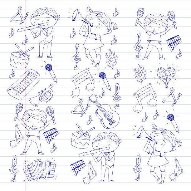 Vector音乐学校音乐剧场幼儿园儿童与乐器鼓，长笛，手风琴，小号，钢琴音乐表演和学龄儿童儿童管弦乐队图片下载