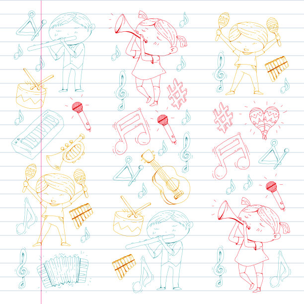 Vector音乐学校音乐剧场幼儿园儿童与乐器鼓，长笛，手风琴，小号，钢琴音乐表演和学龄儿童儿童管弦乐队图片下载