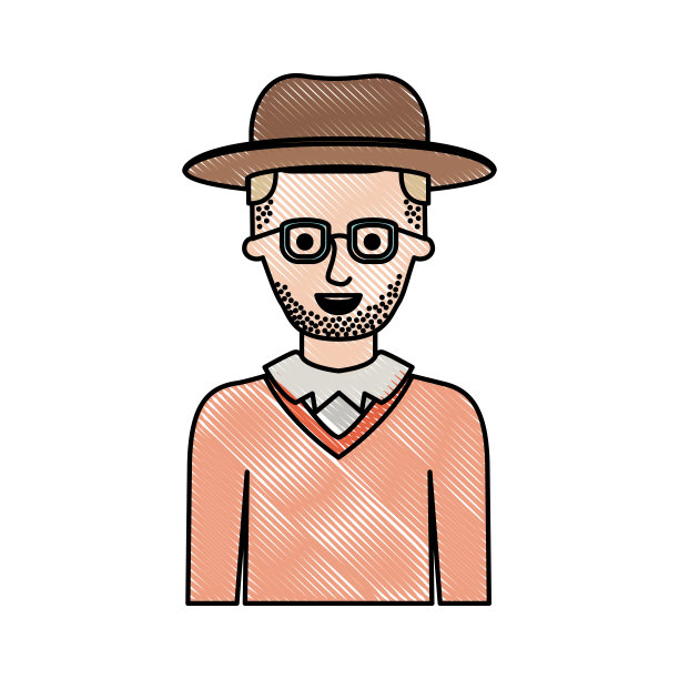 男人半身体与帽子和眼镜和毛衣短头发和茬胡子在彩色蜡笔剪影图片下载