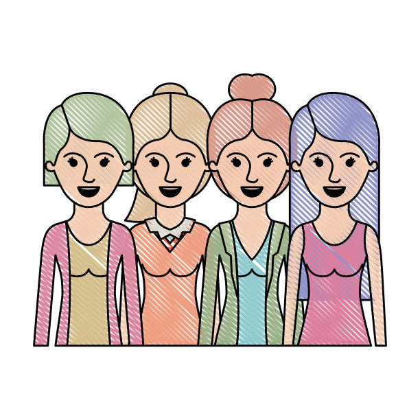 女性在半身体与休闲衣服和长直发和短，收集和马尾辫在彩色蜡笔剪影图片下载