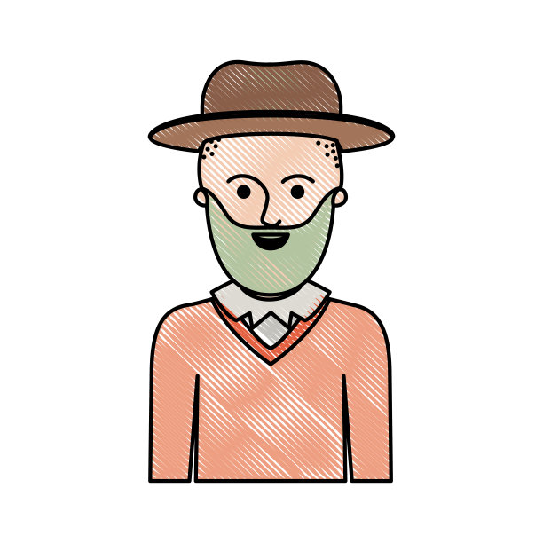 男人半身体与帽子和毛衣短发和胡子在彩色蜡笔剪影图片下载