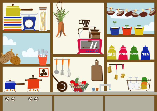 厨房的剪贴画。烹饪用具的剪辑艺术。日常必需品图标。材料收集。图片下载