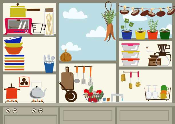 厨房的剪贴画。烹饪用具的剪辑艺术。日常必需品图标。材料收集。图片下载