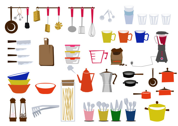 厨房的剪贴画。烹饪用具的剪辑艺术。日常必需品图标。材料收集。图片下载
