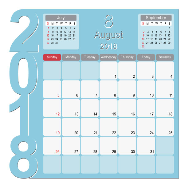 2018年8月日历规划师设计图片下载
