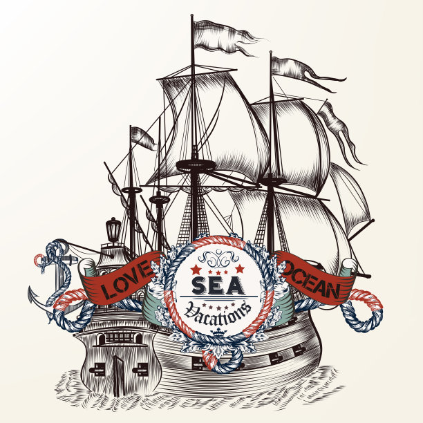 船在复古风格与绳子和旗帜的文本。复古的航海风格图片下载