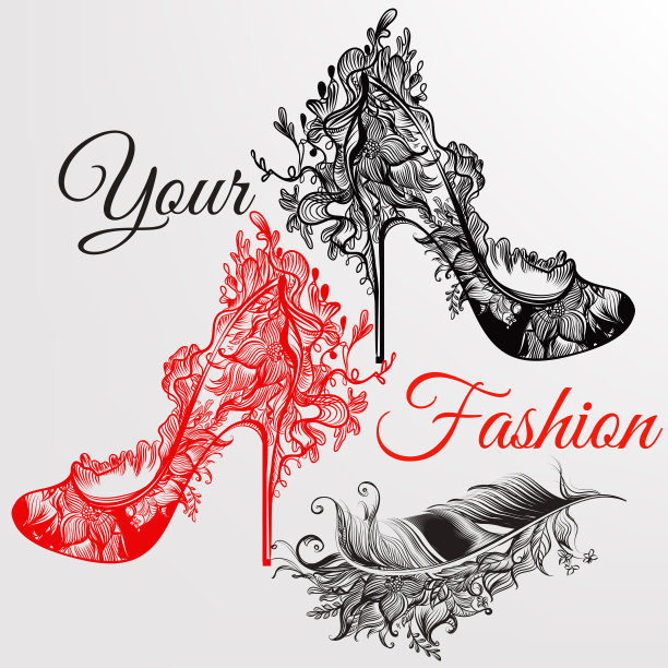 艺术背景与手绘女孩鞋和羽毛在花卉漩涡。你的风格图片下载