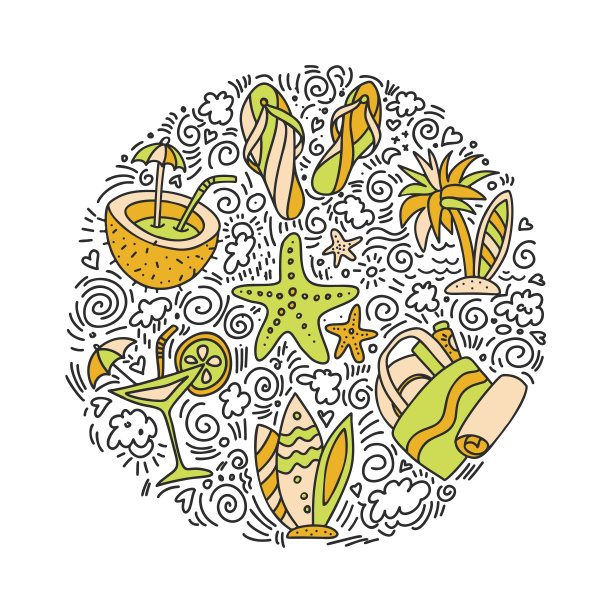 夏季和海滩手绘图标概念。旅游夏季图标系列以圆形形式与卡通装饰元素。椰子，冲浪船，沙子，冰淇淋元素。快乐暑假图标概念图片下载