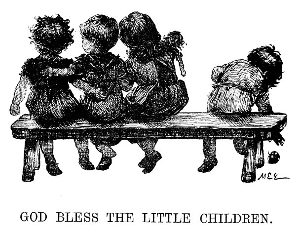 19世纪的一幅“上帝保佑孩子们”的版画。描绘了4个小孩坐在长凳上，从后面看他们的胳膊环抱着对方;维多利亚时代的童年和友谊，1890年，1890年，星期日杂志图片下载