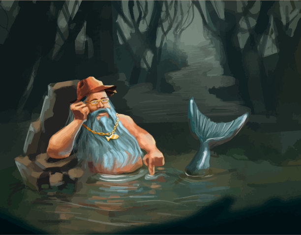 水中老人美人鱼人物概念，卡通插画图片下载