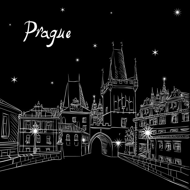 捷克共和国布拉格的查理大桥，夜间照明图片下载