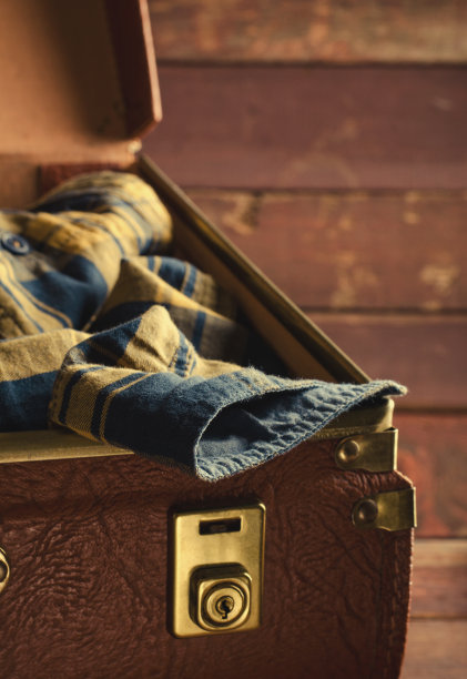 古老的，复古的打开手提箱与男子的格子衬衫在黑暗的背景。旅行的概念。垂直图片下载