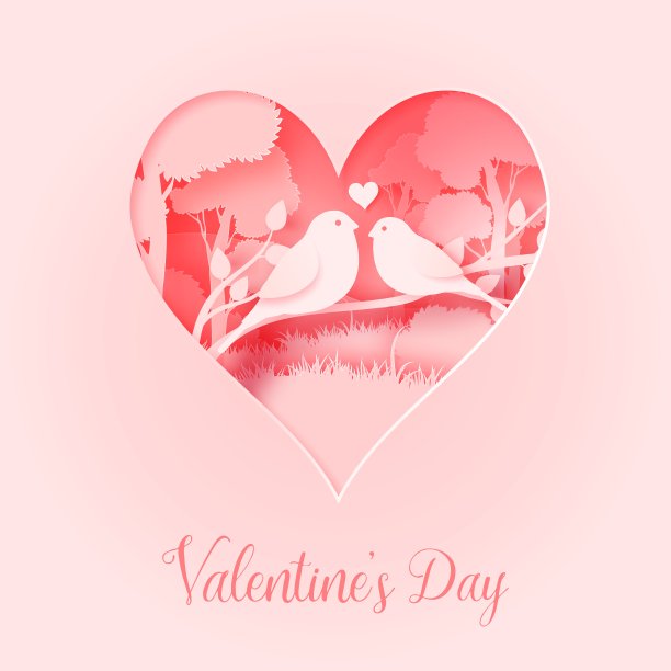三维抽象剪纸的粉色心形与鸟夫妇在树上。矢量彩色贺卡素材图片