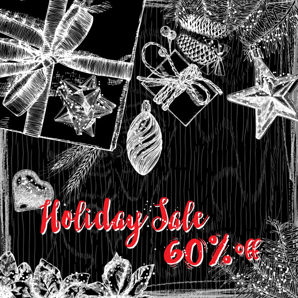 假日销售六折，文字设计与手绘排版和假日框架上的黑色背景。用于横幅，贺卡，礼物和购物。图片下载