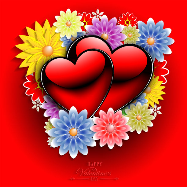 红色背景与花朵和两颗心的剪影图片下载