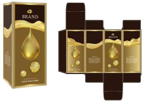 包装设计，金色液体化妆品豪华盒设计模板和样板盒。图片下载