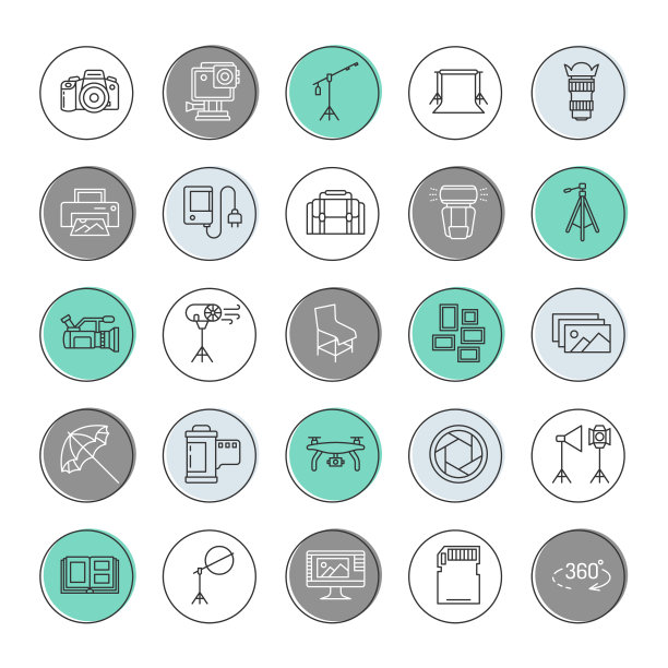 摄影设备平线图标。数码、摄像机、灯饰、配件、记忆卡、三脚架镜头胶片。矢量插图，摄影工作室或商店的标志图片下载