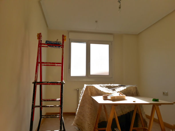 住房在改革。用必要的工具粉刷天花板和墙壁，包括前景中的楼梯图片下载
