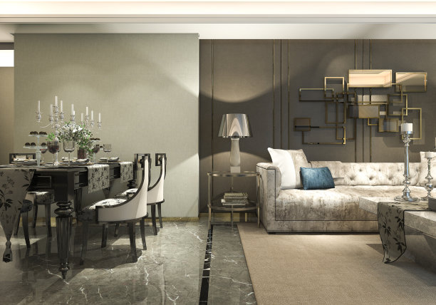 3d渲染豪华和现代的客厅和餐厅图片下载