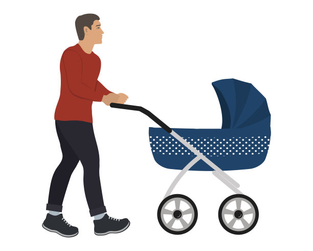 一个推着蓝色婴儿车的年轻人图片下载