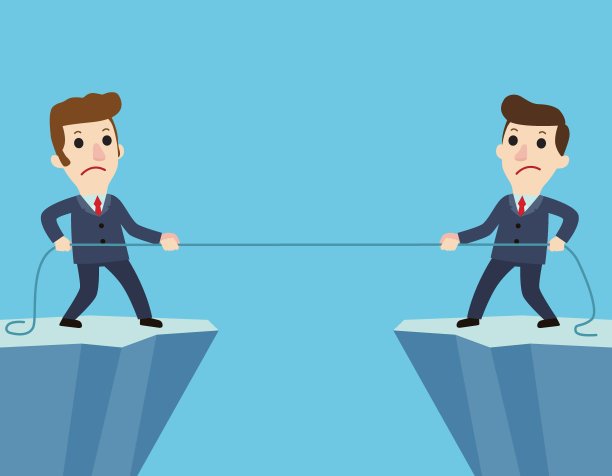竞争的概念。西装革履的商人在悬崖边拉绳。商人象征着竞争。竞争。冲突。企业的冲突。矢量平面卡通人物插图。图片下载