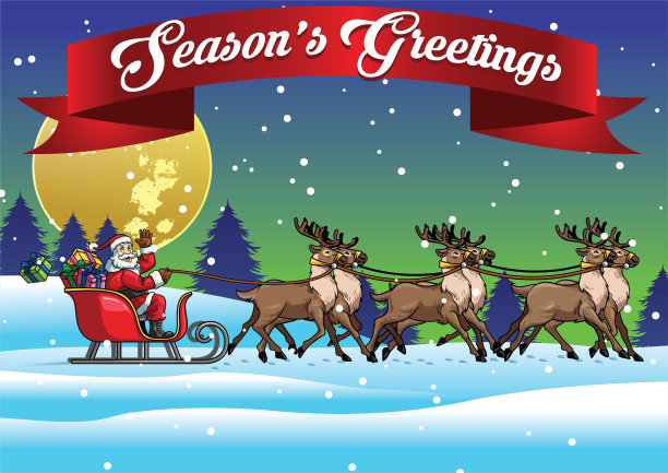 圣诞老人和他的驯鹿们在多雪的冬天乘坐雪橇图片下载