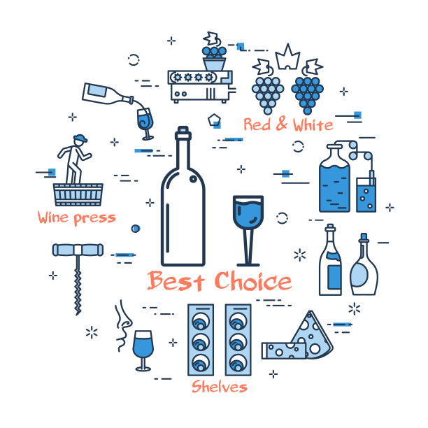 蓝色圆旗-酒瓶和玻璃杯图片下载