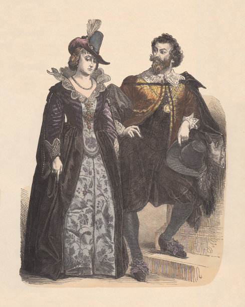 优雅的荷兰人，17世纪早期，手工着色木刻，大约1880年出版图片下载