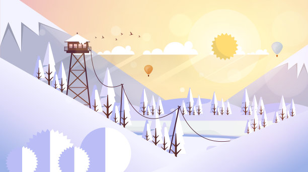 平面风格美丽的景观，自然公园插图，木制的观点建筑，消防瞭望塔。图片下载