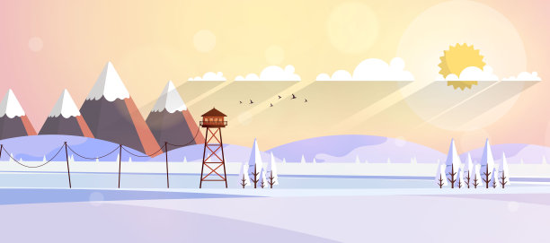 平面风格美丽的景观，自然公园插图，木制的观点建筑，消防瞭望塔。图片下载