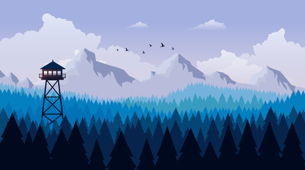 平面风格美丽的景观，自然公园插图，木制的观点建筑，消防瞭望塔。图片下载