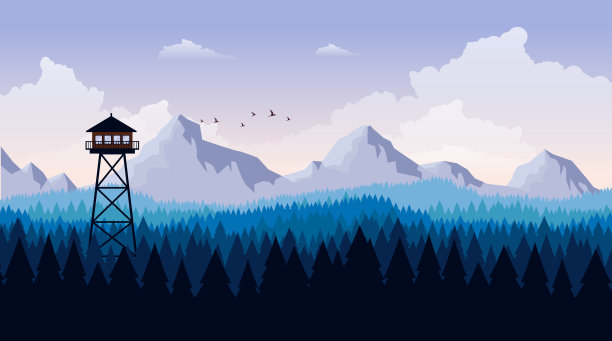 平面风格美丽的景观，自然公园插图，木制的观点建筑，消防瞭望塔。图片下载