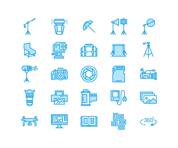 摄影设备平线图标。数码相机，照片，灯光，视频照片配件，记忆卡，三脚架镜头胶卷。像素完美64 x64图片下载