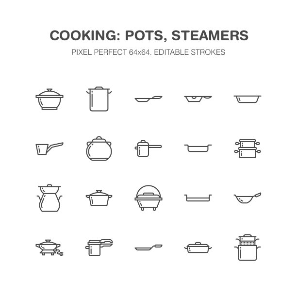 锅，锅和蒸笼线图标。餐厅专业设备招牌。厨房用具-锅，炖锅，陶器盘。商业烹饪店的细线形标识。像素完美64 x64图片下载