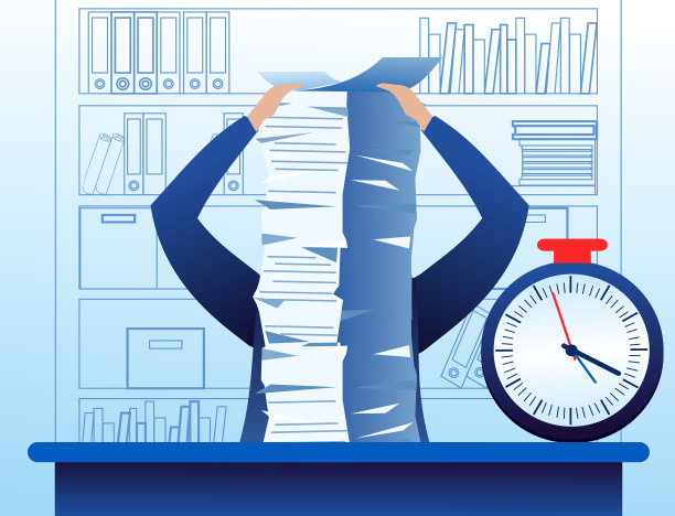 矢量插图的困惑和忙碌的商人有很多工作要做，桌子上有很多文件。以平面卡通风格强调情境经营理念。素材图片